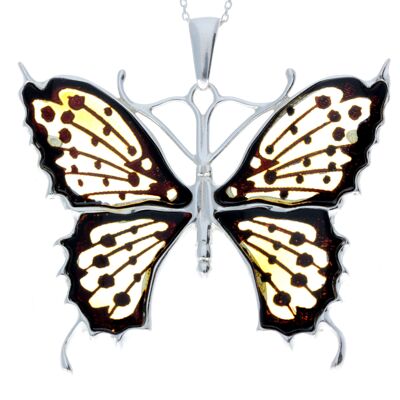 Colgante de plata de ley 925 y ámbar báltico en forma de mariposa maciza con grabado de cereza - AF201B