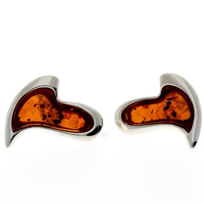 Boucles d'oreilles coeur modernes en argent sterling 925 et ambre de la Baltique - AC005