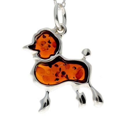 Pendentif chien caniche en argent sterling 925 et ambre de la Baltique - AD220