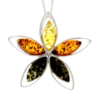 925 Sterling Silver & Baltic Amber 5 Stones Star Modern Pendant - M373