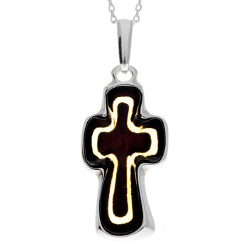 Grand pendentif croix unique en argent sterling 925 et ambre de la Baltique - AD216 1