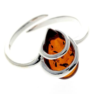 Bague réglable moderne en argent sterling 925 et ambre véritable de la Baltique - GL726