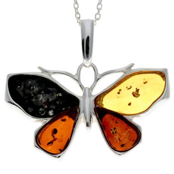 Pendentif papillon en argent sterling 925 et véritable ambre de la Baltique - AD217 30