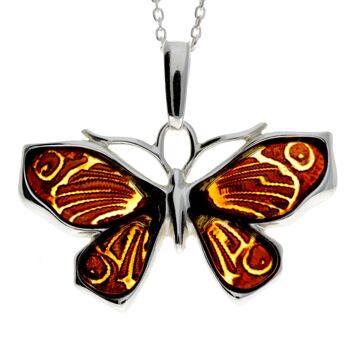 Pendentif papillon en argent sterling 925 et véritable ambre de la Baltique - AD217 31