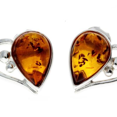 Orecchini a bottone con cuore in argento sterling 925 e ambra baltica - M194