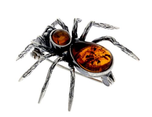 925 Sterling Silver & Baltic Amber Spider Brooch - 4152