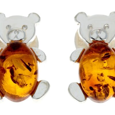 925 Sterling Silver & Amber Tiny Bears Studs - 8482