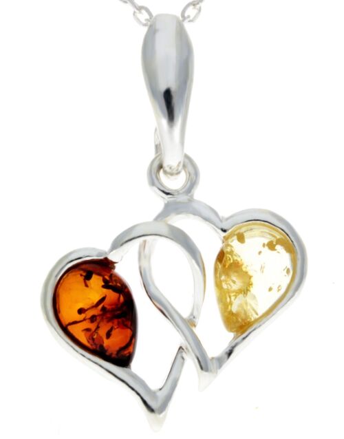 925 Sterling Silver & Baltic Amber Double Hearts Pendant - GL360