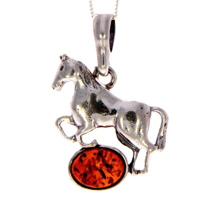 925 Sterling Silver & Baltic Amber Horse Pendant - 1613