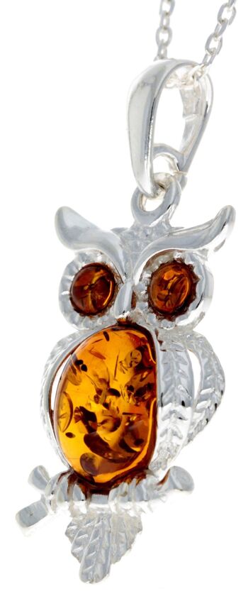 Pendentif hibou sage en argent sterling 925 et ambre de la Baltique - GL359 2