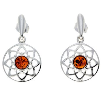 Boucles d'oreilles pendantes celtiques en argent sterling 925 et ambre de la Baltique - GL145 1