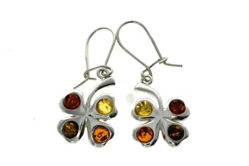925 Sterling Silver & Baltic Amber Lucky Clover Drop Earrings G011