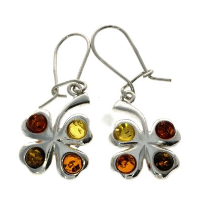 925 Sterling Silver & Baltic Amber Lucky Clover Drop Earrings G011
