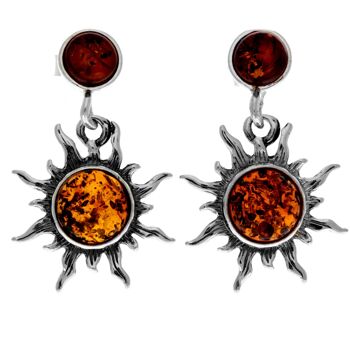 Boucles d'oreilles pendantes soleil/étoile en argent sterling 925 et ambre véritable de la Baltique 5334 11