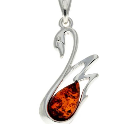 925 Sterling Silver & Genuine Baltic Amber Swan Pendant - GL378