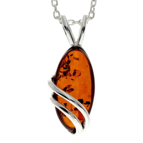 Little Oval Amber & 925 Sterling Silver Modern Pendant - GL271 - 18" square snake chain