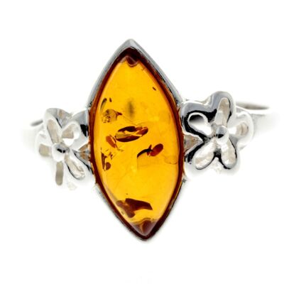 925 Sterling Silver & Genuine Baltic Amber Flower Ring - GL409