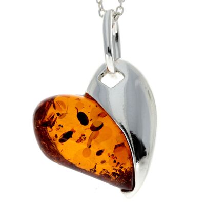 Pendentif en argent sterling 925 et ambre de la Baltique en forme de coeur - GL239