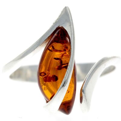 925 Sterling Silver & Genuine Baltic Amber Adjustable Modern Ring - GL402