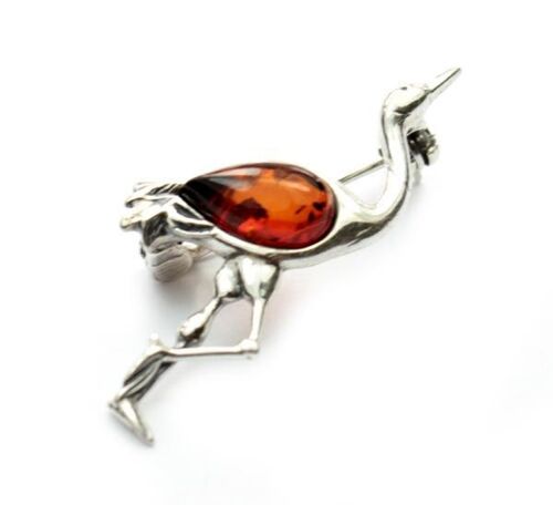 925 Sterling Silver & Genuine Baltic Amber Stork or Heron Brooch - 4023