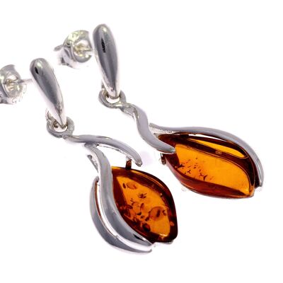 925 Sterling Silver & Genuine Baltic Amber Drop Earrings - GL106