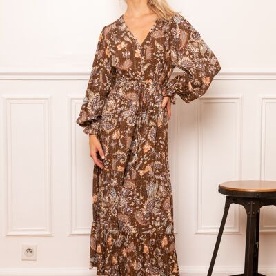 Long paisley print dress with LUREX buttoned in front, balloon sleeves