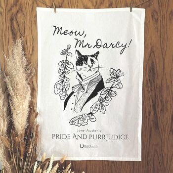 Miaou, monsieur Darcy ! Torchon chat littéraire en coton Fairtrade 2