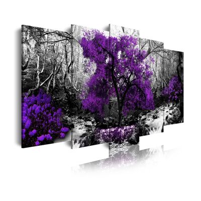 DekoArte 289 - Impression Sur Toile Moderne D'Images Artistiques Numérisées | Toile Décorative Pour Votre Salon Ou Votre Chambre | Style Nature En Noir et Blanc Arbres Violets | 5 Pièces 150 x 80 cm