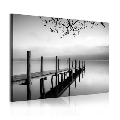 DekoArte 313 -  Impression Sur Toile Moderne D'Images  Numérisées | Toile Décorative Pour Votre Salon Ou Votre Chambre | Zen Noir et Blanc avec Paysage Aquatique et Embarcadère | 1 Pièce 120 x 80 cm