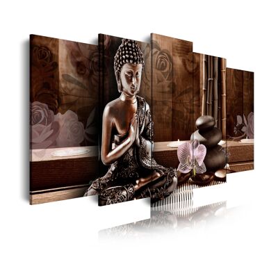 DekoArte 424 - Impression Sur Toile Moderne D'Images Artistiques Numérisées | Toile Décorative Pour Votre Salon Ou Chambre | Style Zen Feng Shui  Bouddha Méditant Tons  Bronze| 5 Pièces 150 x 80 cm