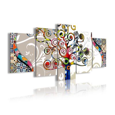 DekoArte 482 - Impression Sur Toile Moderne D'Images Artistiques | Toile Décorative Pour Votre Salon Ou Votre Chambre | Style Art Abstrait Arbre De La Vie Gustav Klimt Gris | 5 Pièces 200 x 100 cm XXL