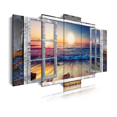 DekoArte 495 -  Impression Sur Toile Moderne | Toile Décorative Pour Votre Salon Ou Votre Chambre | Style Paysage Vue  Sur La Plage au Coucher De Soleil depuis la Fenêtre | 5 Pièces 150 x 80 cm