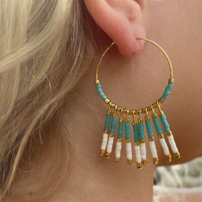 Gold and dangling hoop earrings in Miyuki pearls - turquoise and white