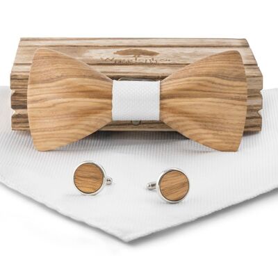 Wooden Bow Tie "Heartwood" Zebrawood - White