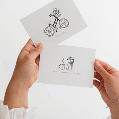 POSTAL DECORATIVA CON SOBRE DE BICICLETA BON VOYAGE - FRANCIA - BLANCO Y NEGRO - PAPELERÍA TOURS