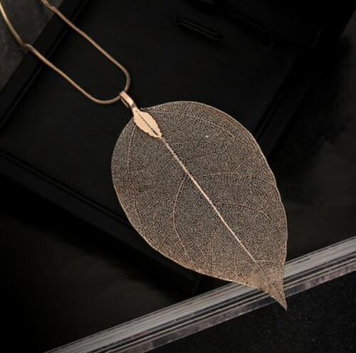 Collier Sautoir Feuille Véritable Trempée Dorée