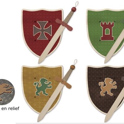 Set medievale 4 colori: Spada di legno + Scudo di legno (NUOVO)