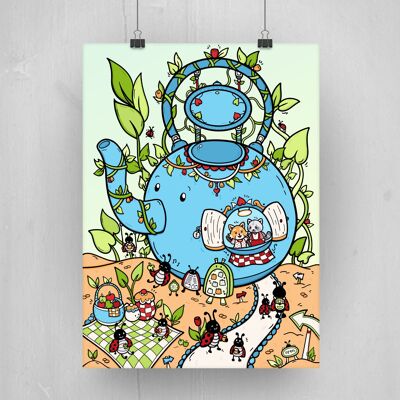 A3 poster with cute teapot cafe and ladybugs