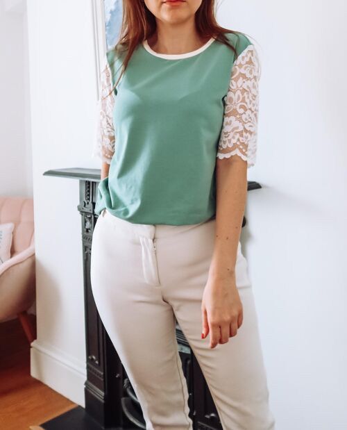 Sage Green Cotton Lace Sleeve T-Shirt