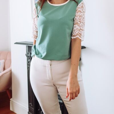 Sage Green Cotton Lace Sleeve T-Shirt