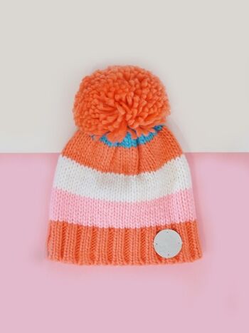 Bonnet à pompon rayé corail et crème 3