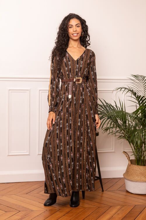 Maxi robe Col V orné de boutons imprimé Paisley avce Lurex , poches invisibles