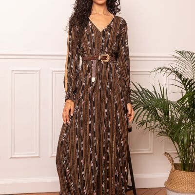 V-neck maxi dress adorned with Paisley printed buttons with Lurex, invisible pockets