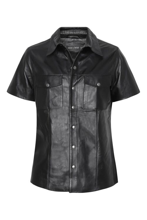 BLACK NAPPA LEATHER SHIRT WITH OUTSIDE POCKETS AND SHORT SLEEVES