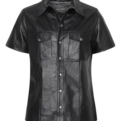 BLACK NAPPA LEATHER SHIRT WITH OUTSIDE POCKETS AND SHORT SLEEVES