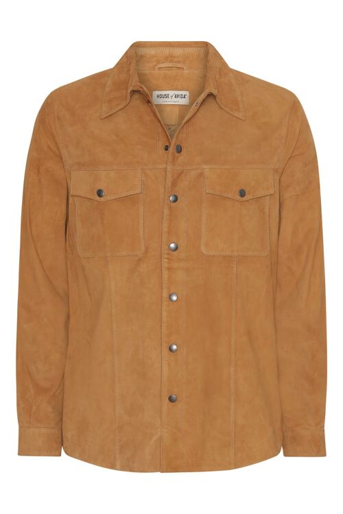COGNAC SUEDE LEATHER SHIRT WITH FRONT POCKETS