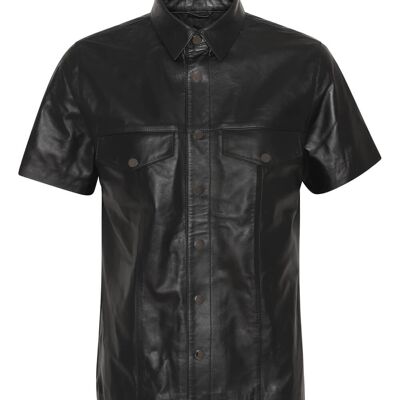 BLACK NAPPA LEATHER SHIRT WITH SHORT SLEEVES