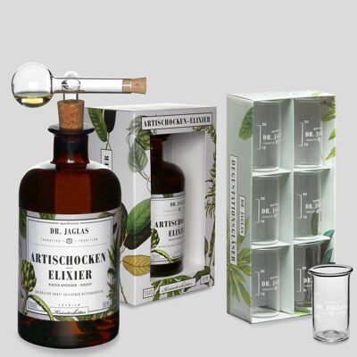 Artichoke elixir liqueur + glasses set 6x2cl, gift bundle