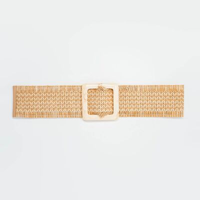 Wide square buckle waist belt in beige