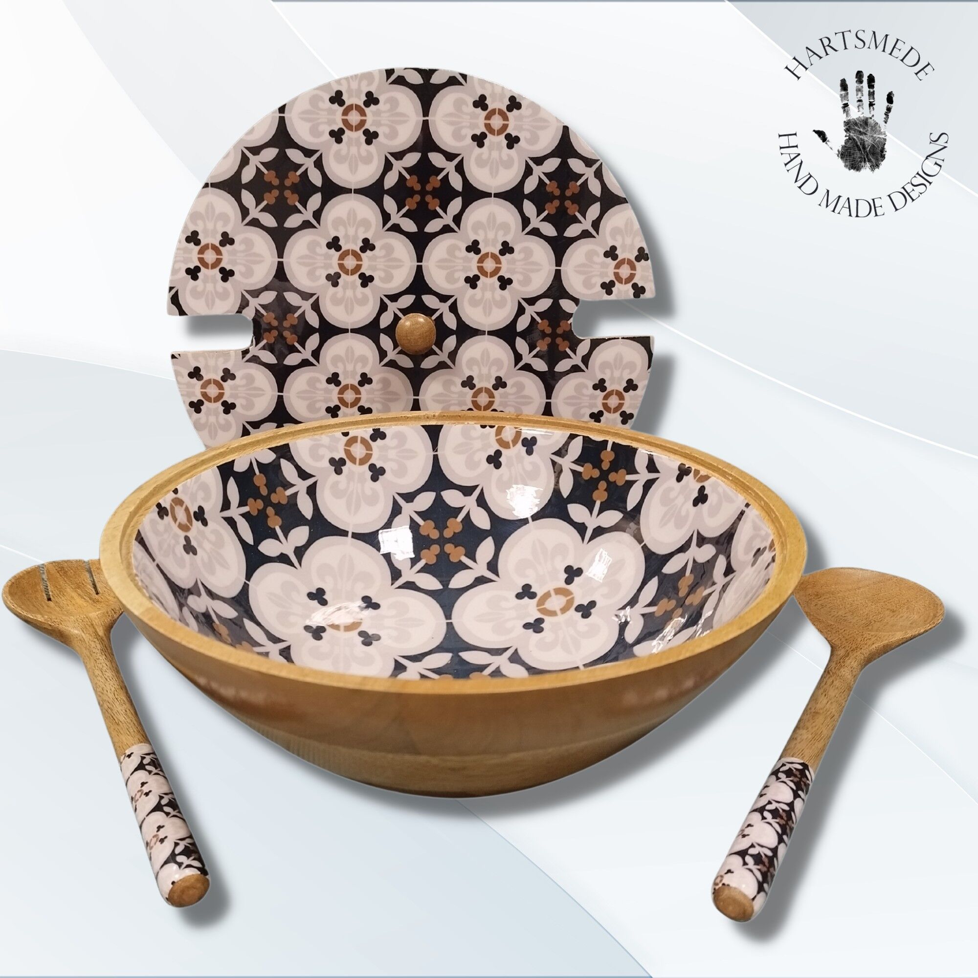 Handmade Wooden Serving Bowl with Lid & Serving Spoons In Matching Palazzo Enamel Print